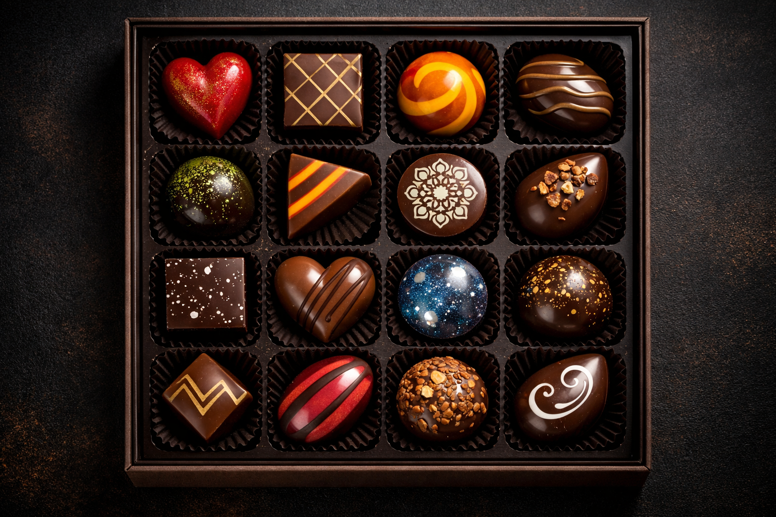 El yapımı çikolata kutusu içinde pralin seçkisi
